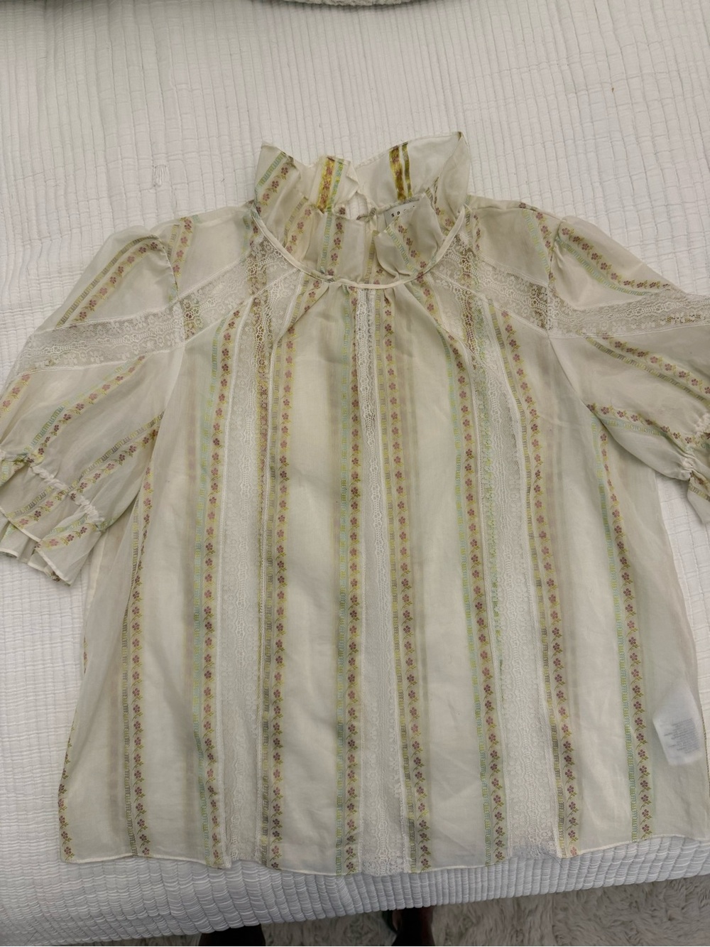 Sandro Cream Striped Ruffle Neck Blouse